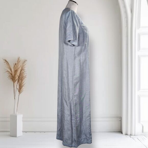 Vintage Sarah Elizabeth Linen Blend Sheath Maxi Dress Size 12 Button Embroidery - Picture 7 of 16